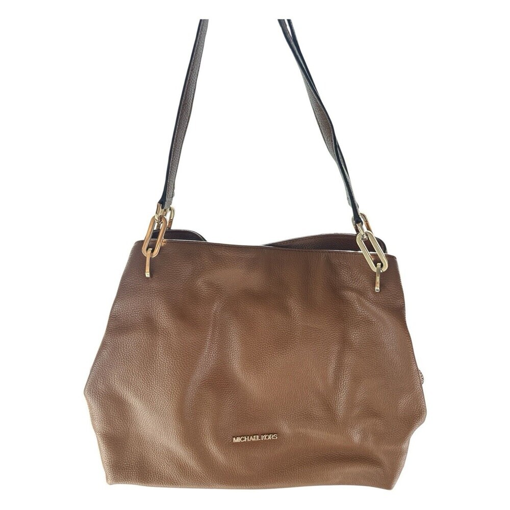 Michael Kors Leighton Large Shoulder Tote Brown Pebbled Leather Gold Hardware
